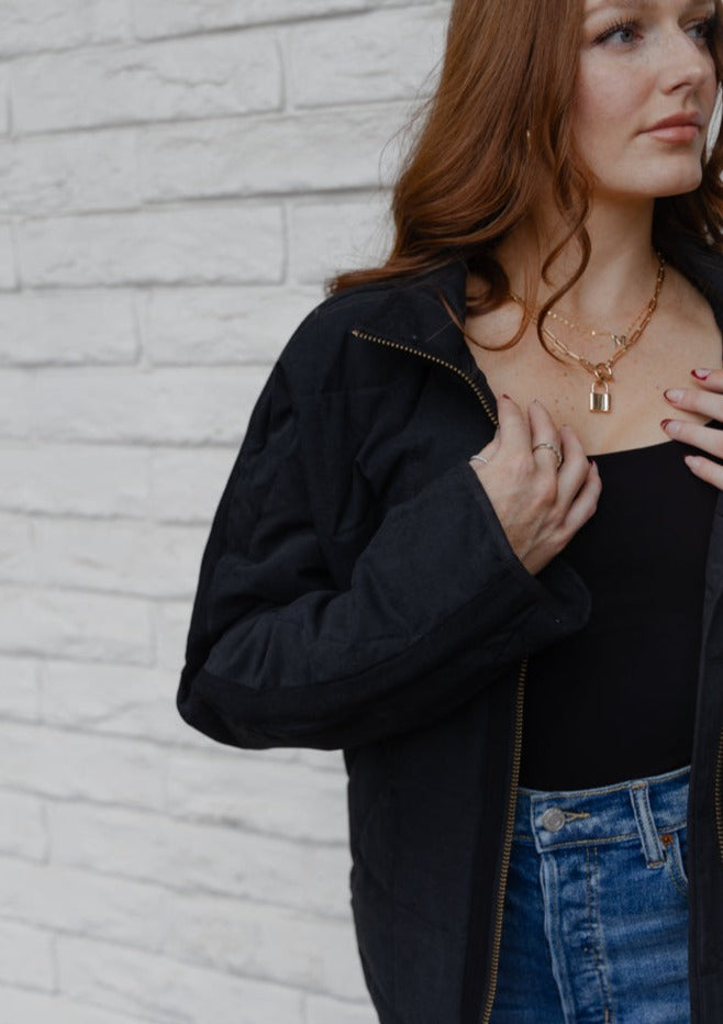 Comfort is Key Black Quilted Bomber Jacket