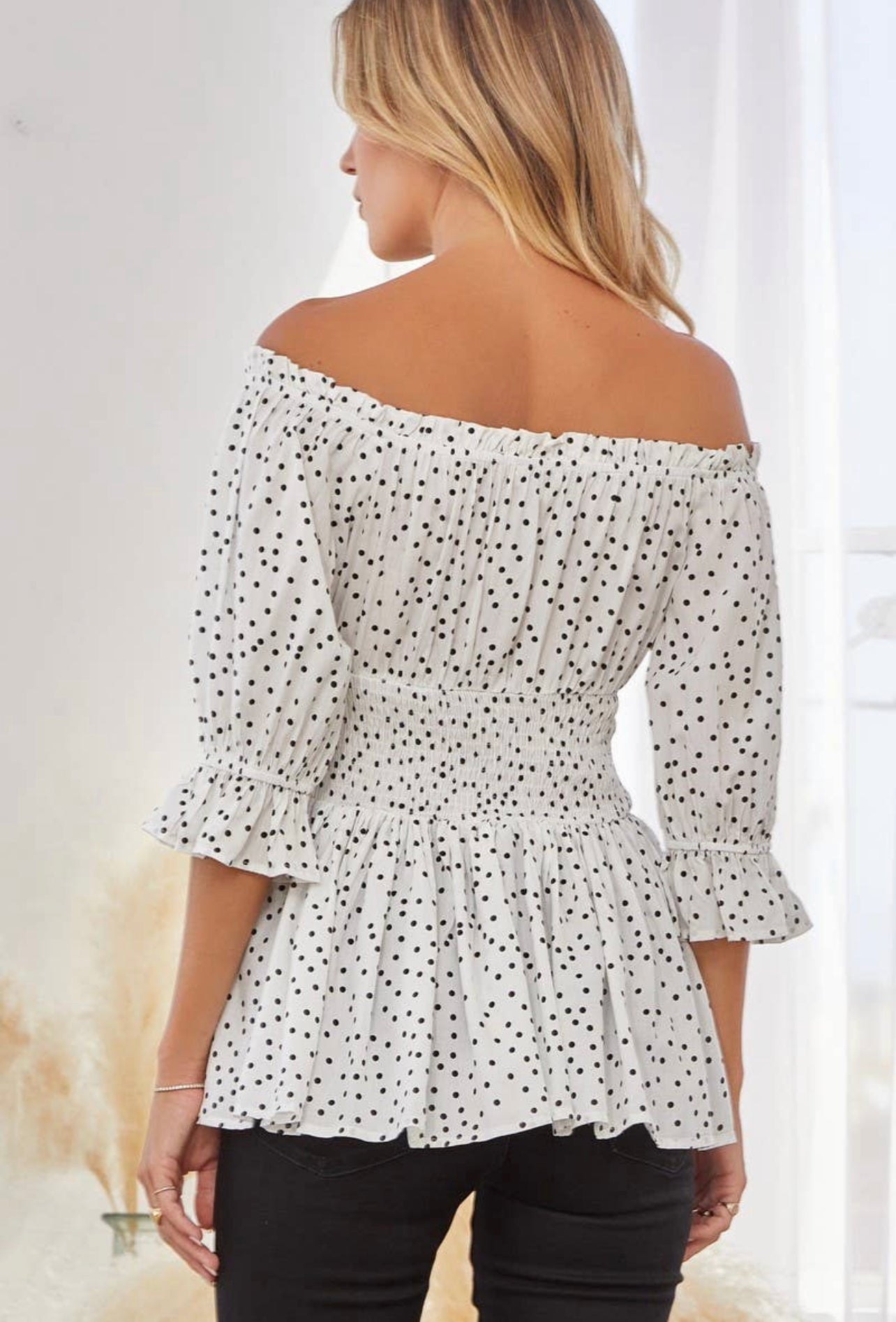 Romantic Gesture Polka Dot Off Shoulder Blouse