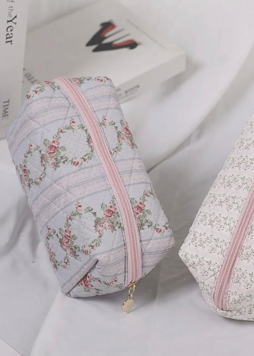 Blossom Elegance Quilted Floral Cosmetic Bag in Pink & Blue