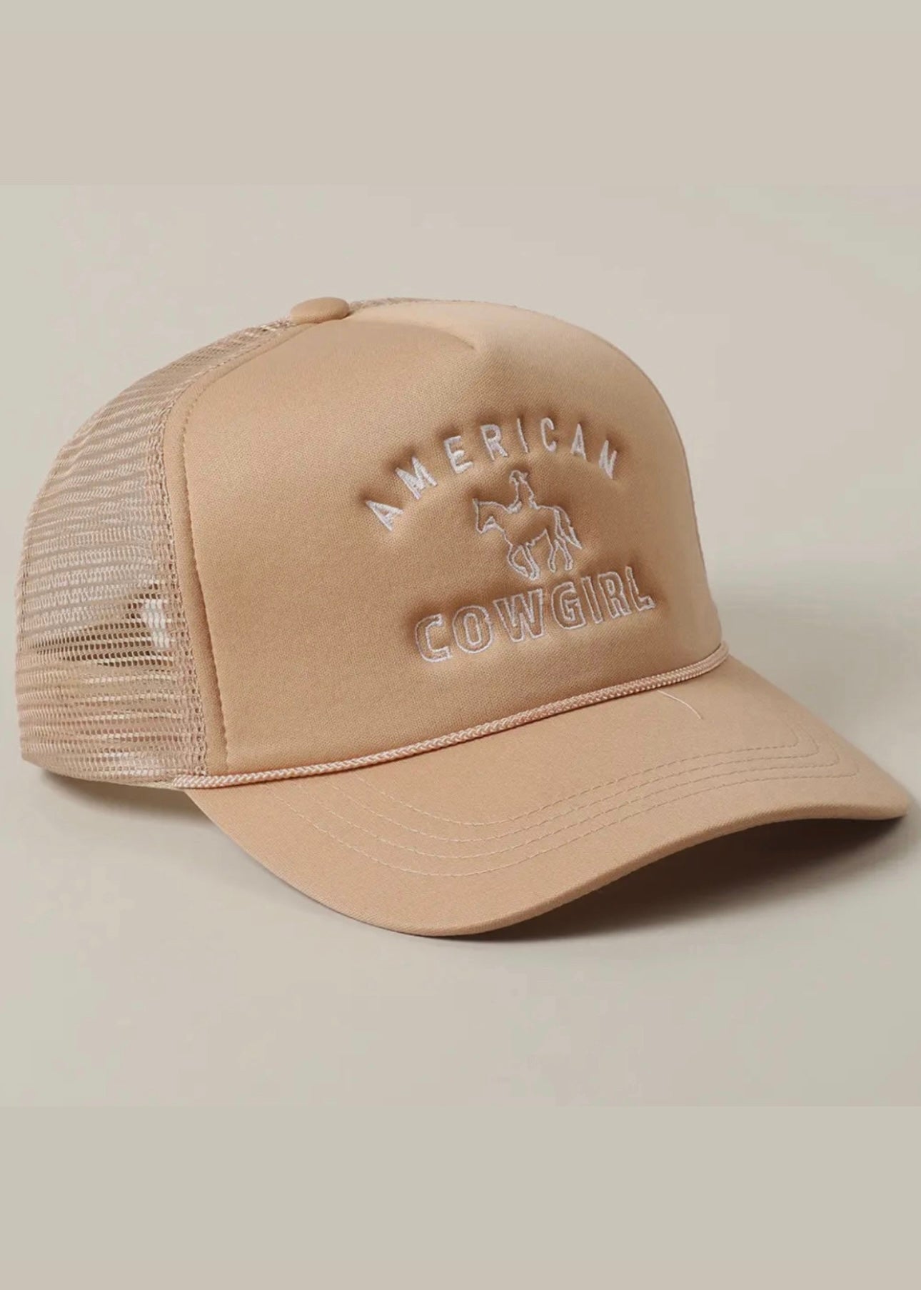 American Cowgirl Embroidery Trucker Hat in Latte