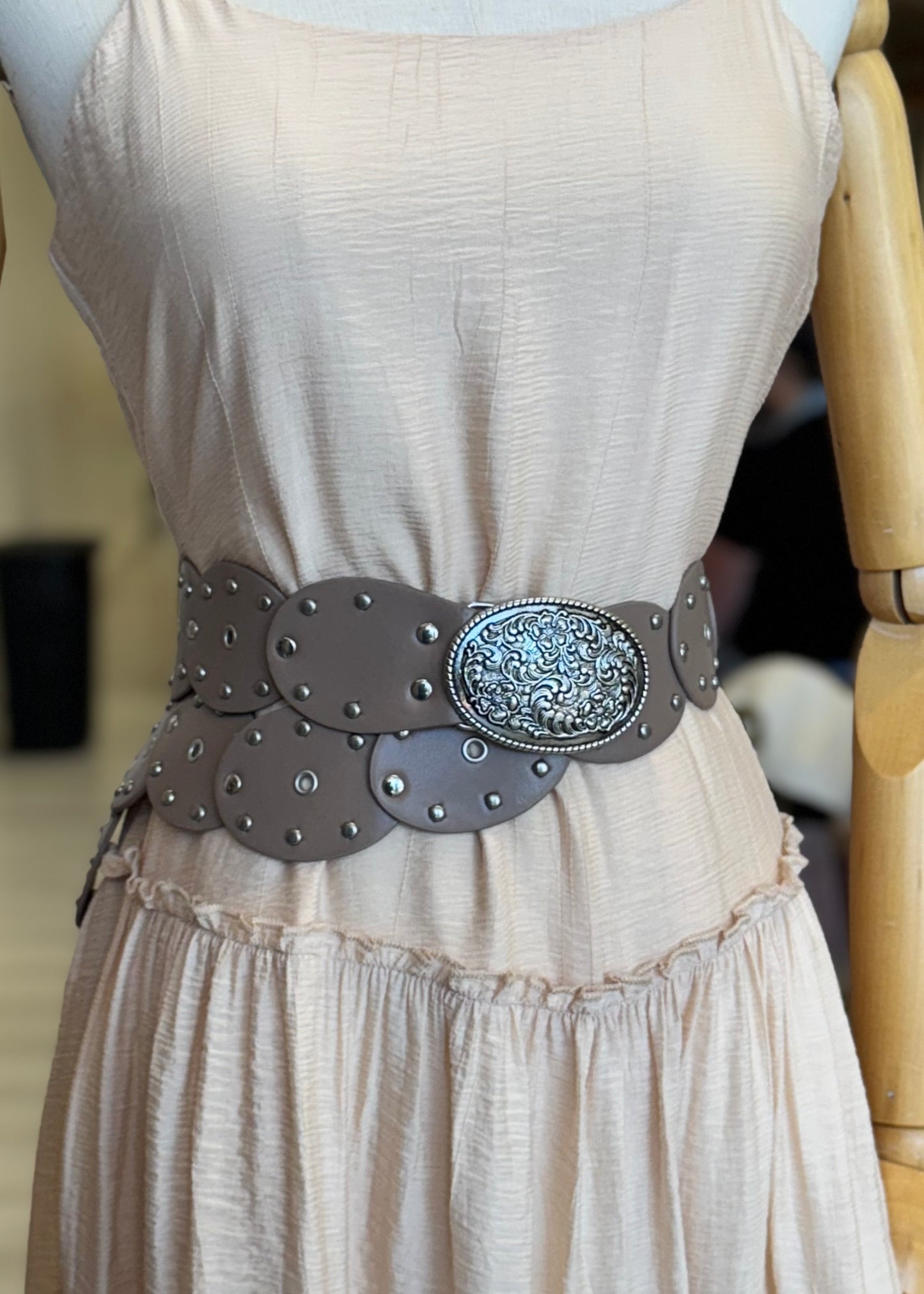 Country Roads Embossed Faux Leather Belt in Khaki
