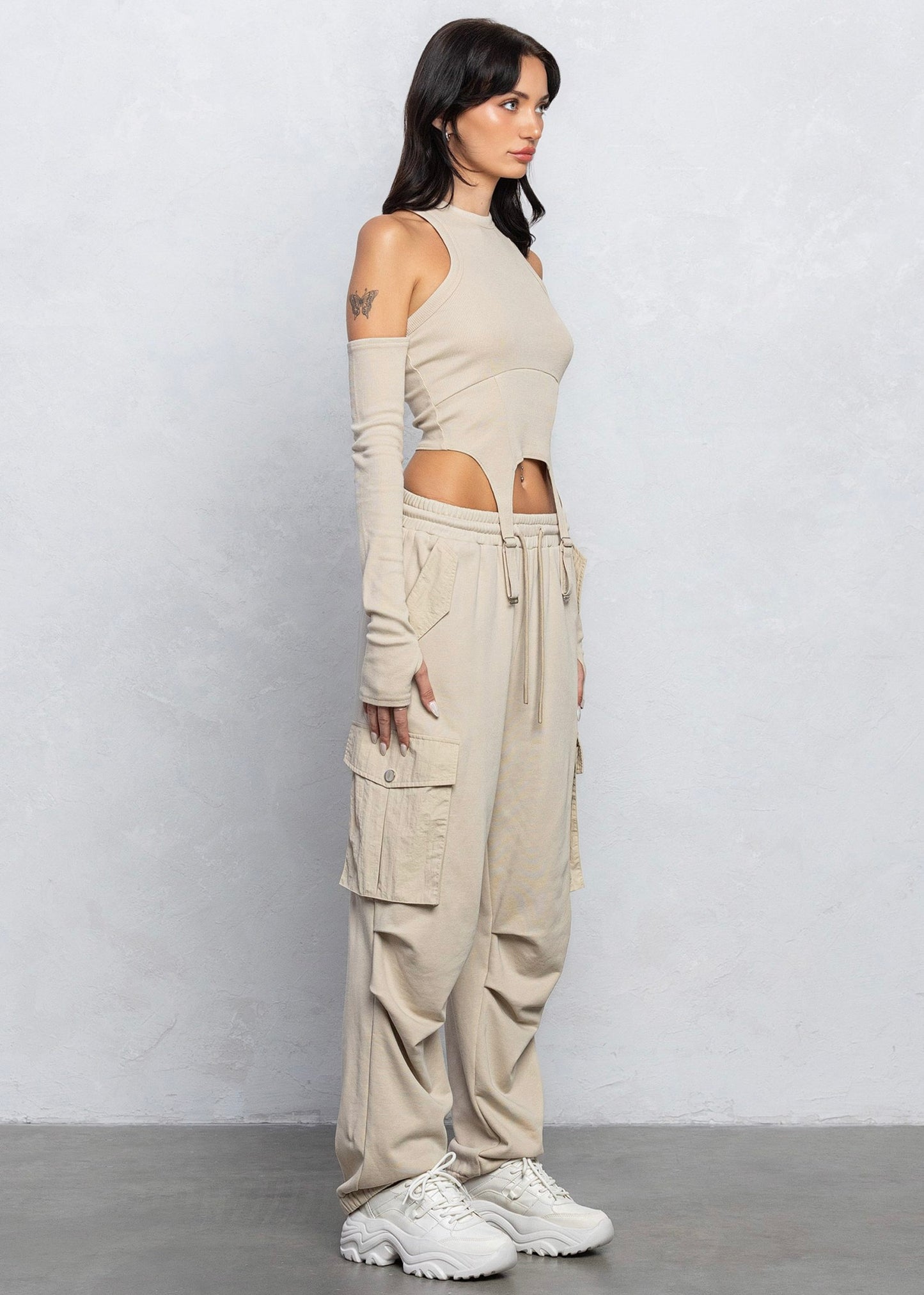 French Terry Cargo Jogger Pants in Beige