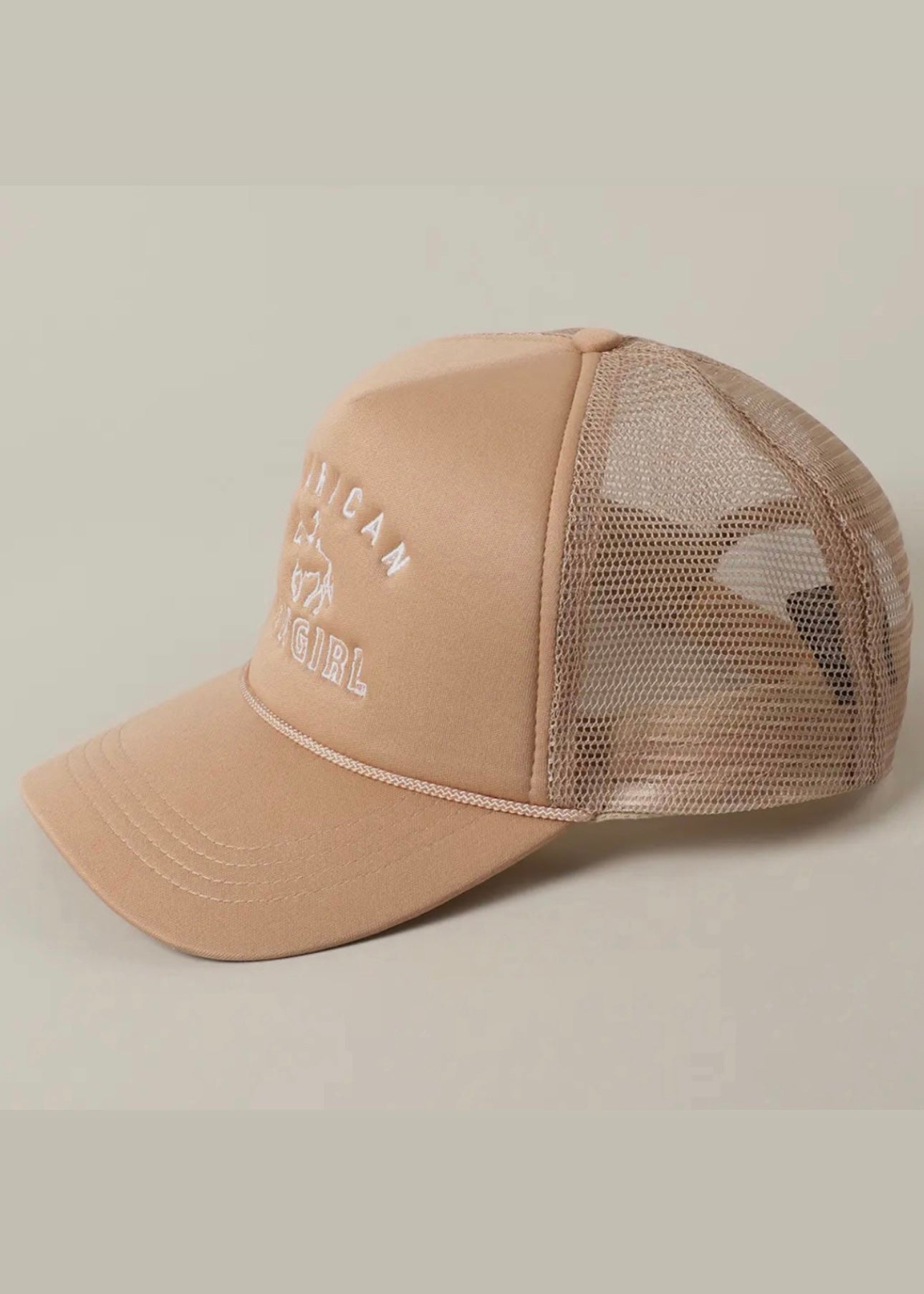 American Cowgirl Embroidery Trucker Hat in Latte