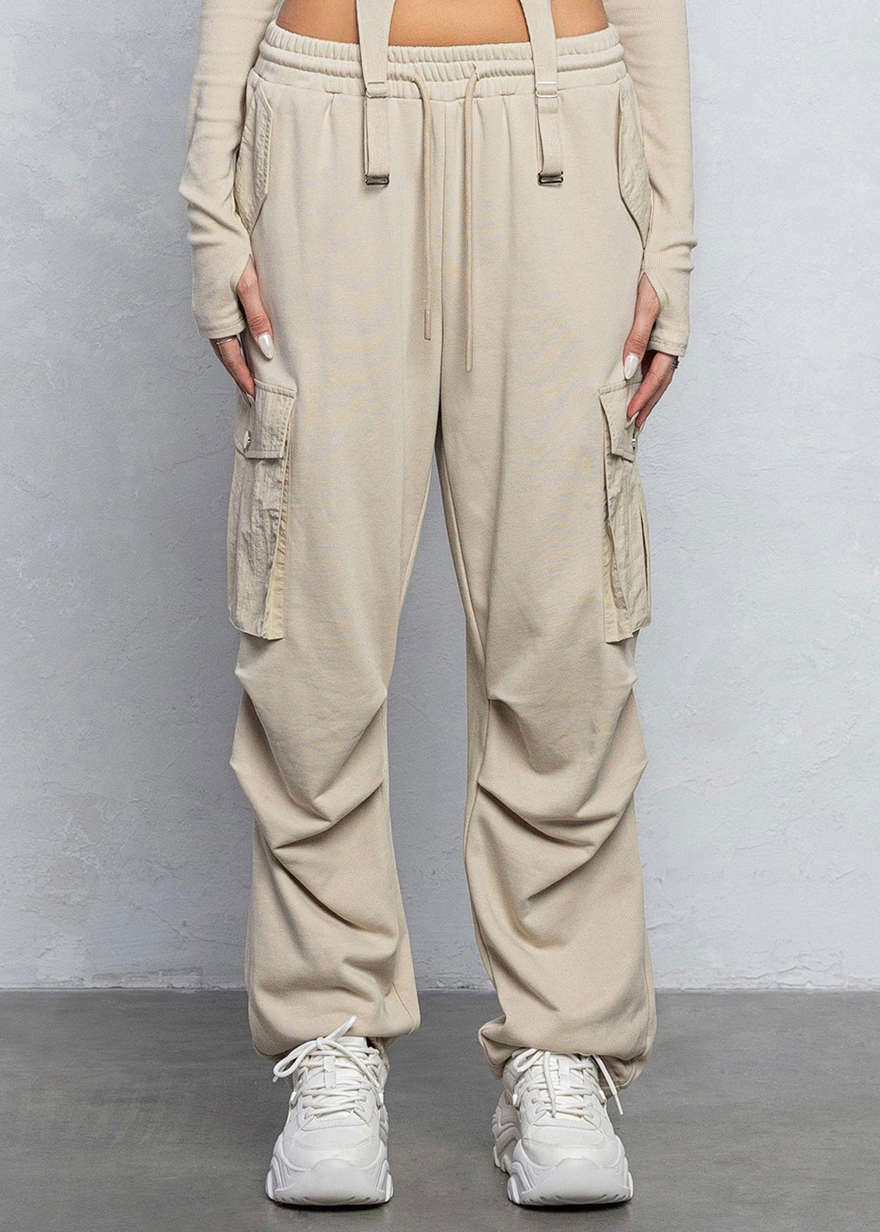 French Terry Cargo Jogger Pants in Beige