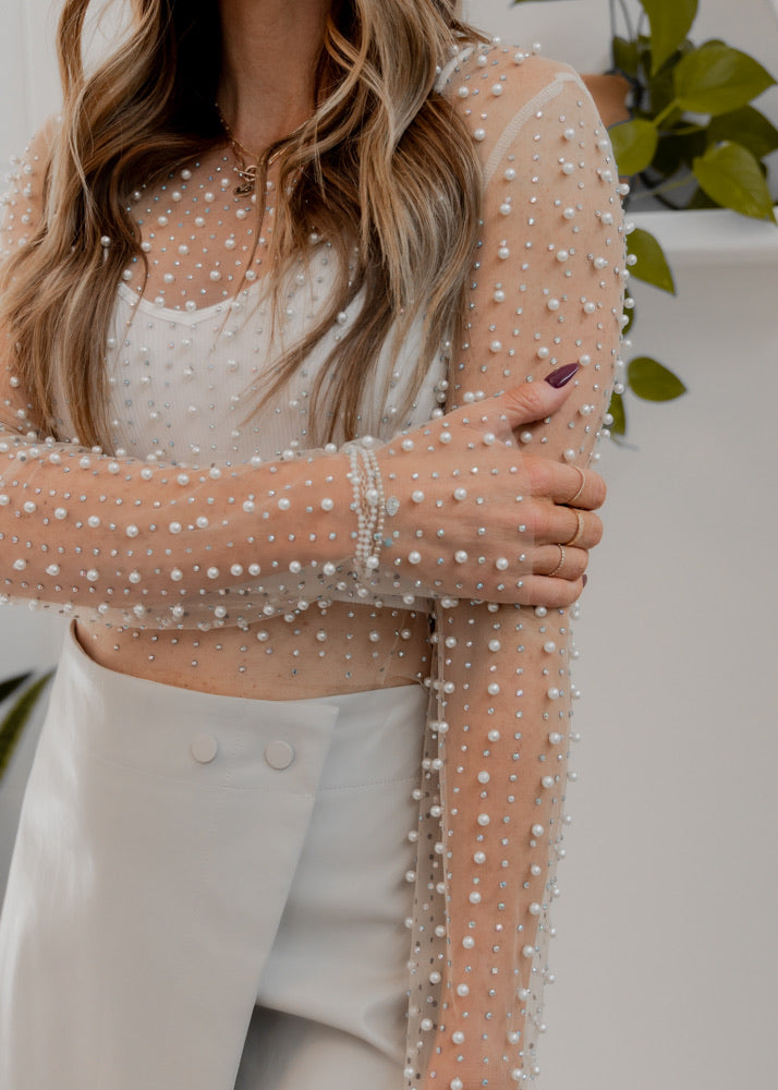 Dripping in Pearls & Rhinestones LONG SLEEVE Crop Top in Nude