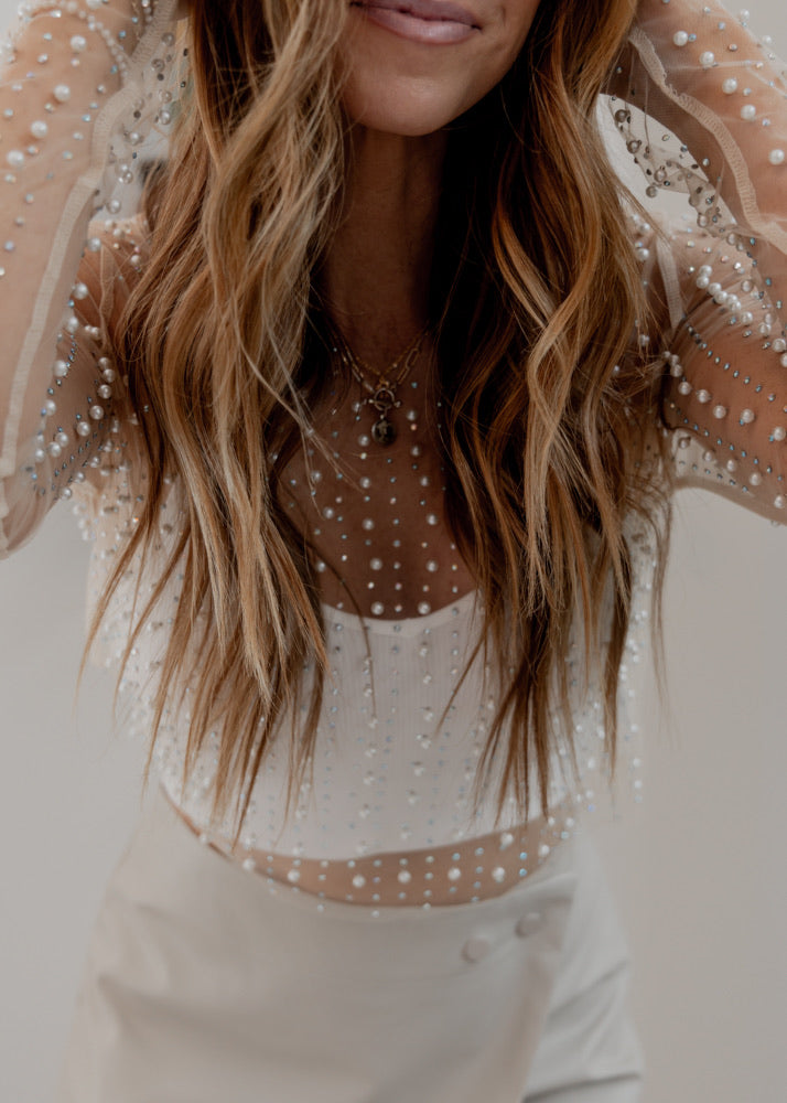 Dripping in Pearls & Rhinestones LONG SLEEVE Crop Top in Nude