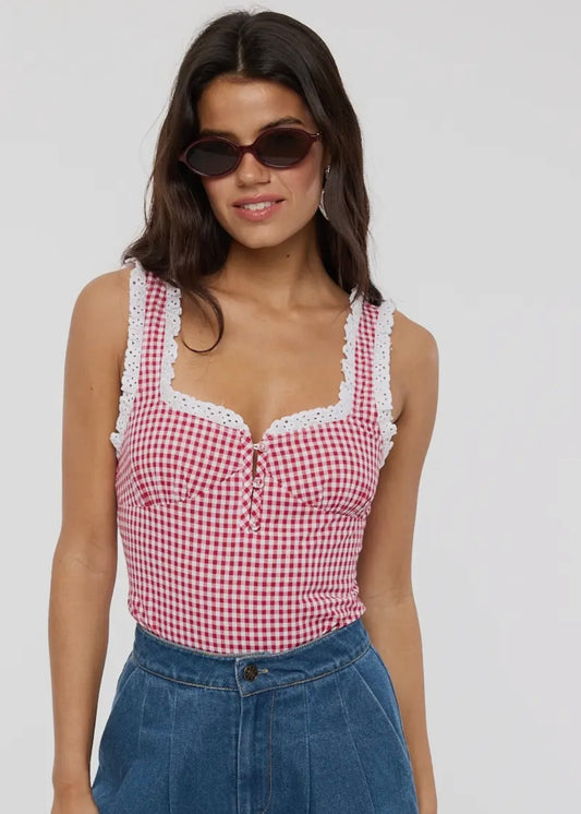 Picnic Perfect Gingham Bodysuit in Cherry Red