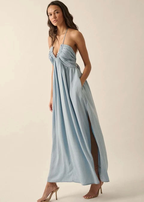 Blue Bayou Denim Halter Maxi Dress