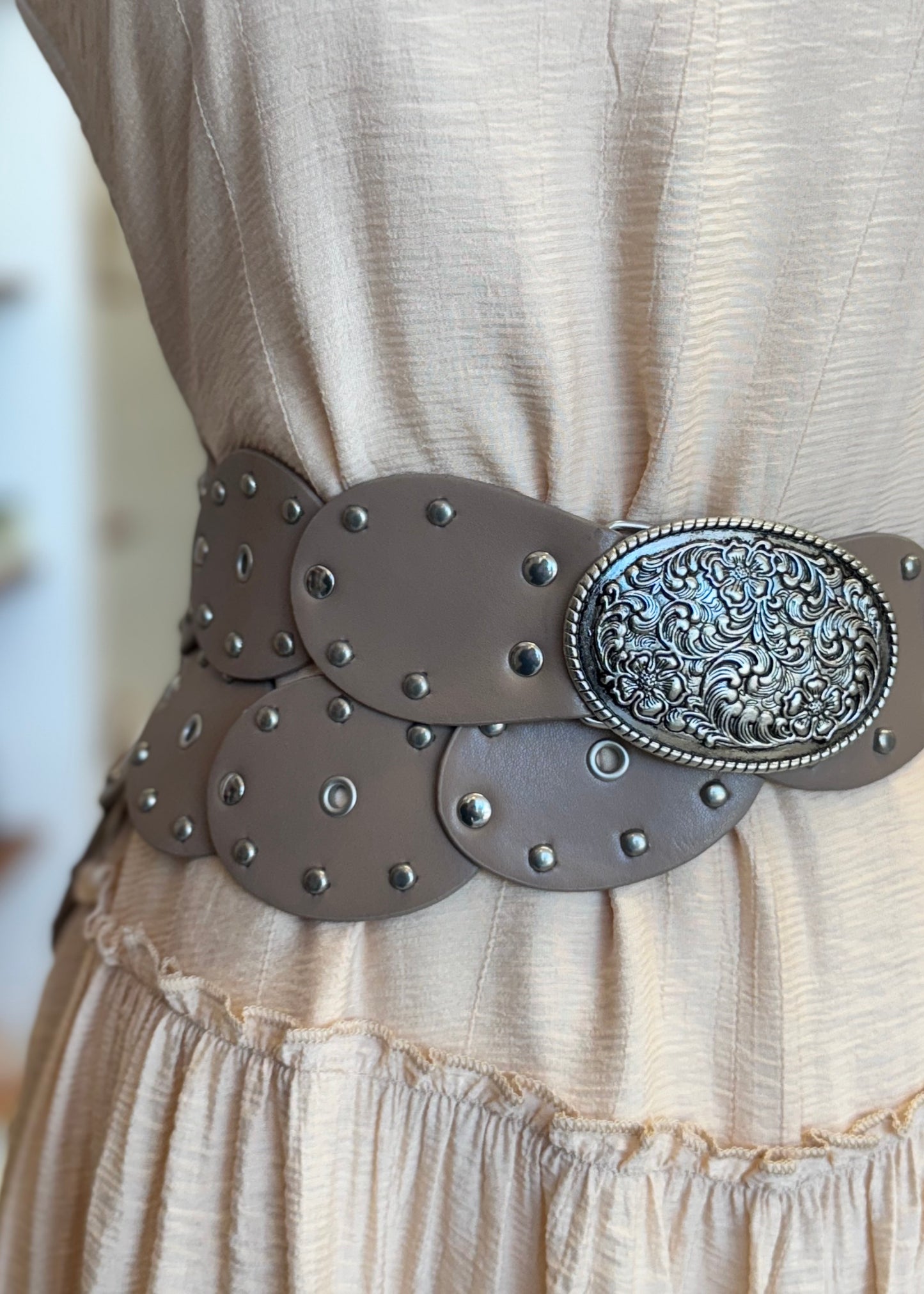 Country Roads Embossed Faux Leather Belt in Khaki
