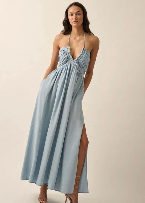 Blue Bayou Denim Halter Maxi Dress