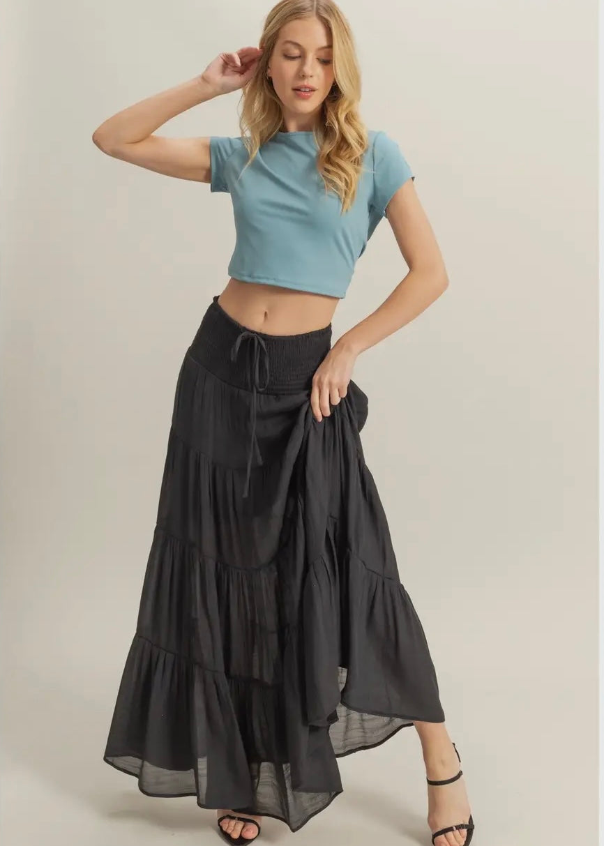 Midnight Trail Tiered Maxi Skirt in Black