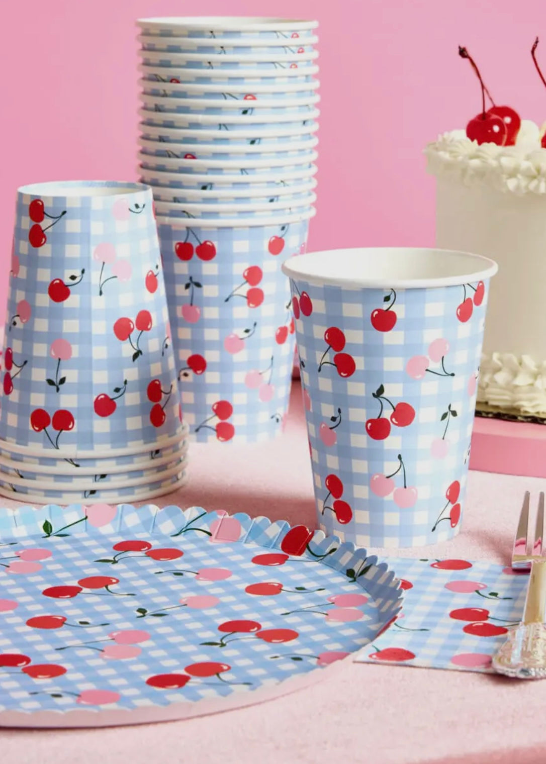 Ma Cherie Cherry Gingham Paper Cups - 12 oz, 24 Count