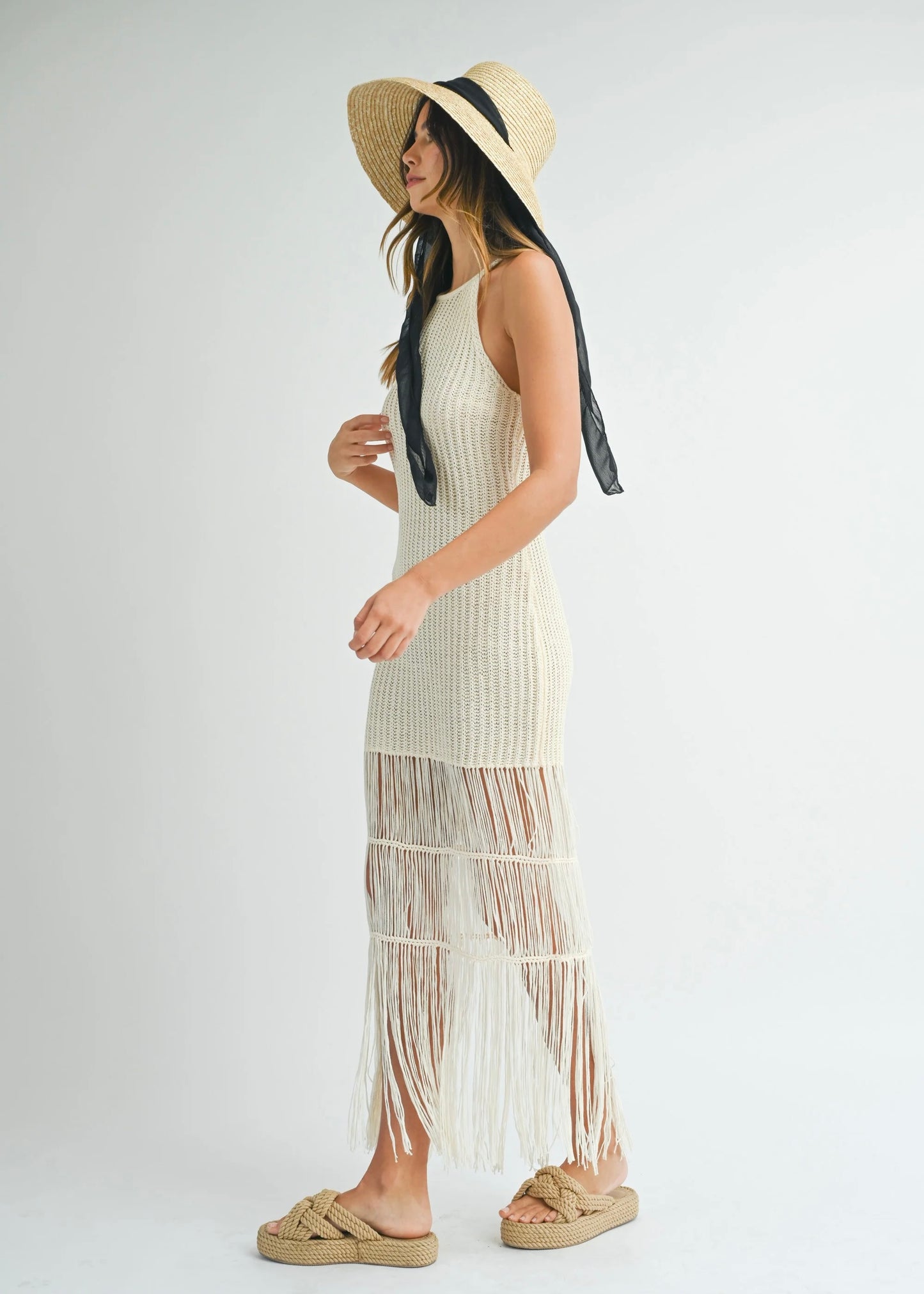 Crochet Knit Halter Fringe Midi Dress