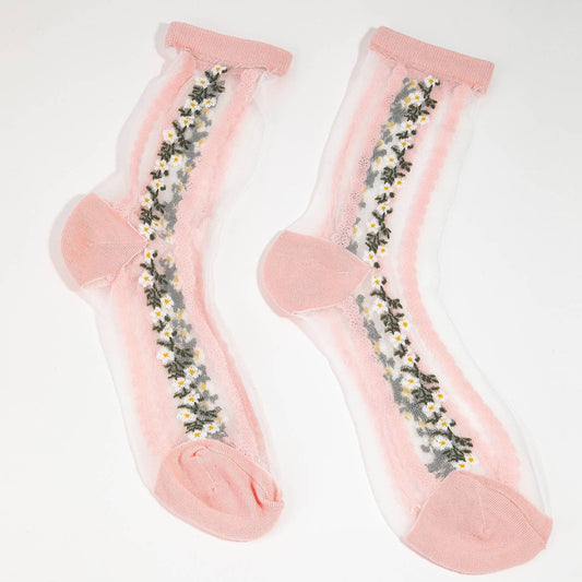 Pink Flower Print Sheer Sock
