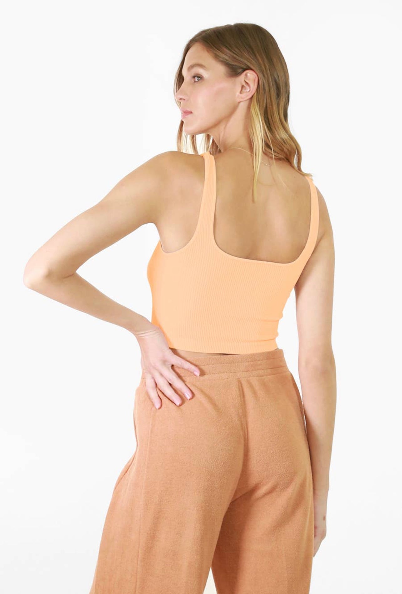 Monique Ribbed Square Neck Crop Top in Cantaloupe